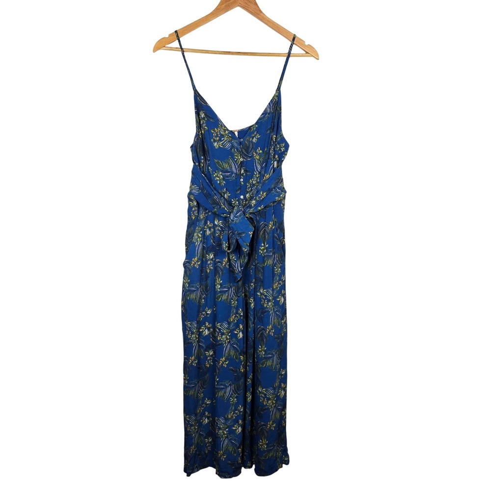Free People Women's Size 6 Blue Floral Viscose Tie Front‎ Wide Leg Jumpsuit